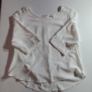 Sigrid Olsen XL Linen Blend Back Button White Lace-Trim Round Neck Blouse